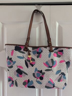Floral Print Faux Canvas Tote Bag with Brown Handles - Pink & Blue